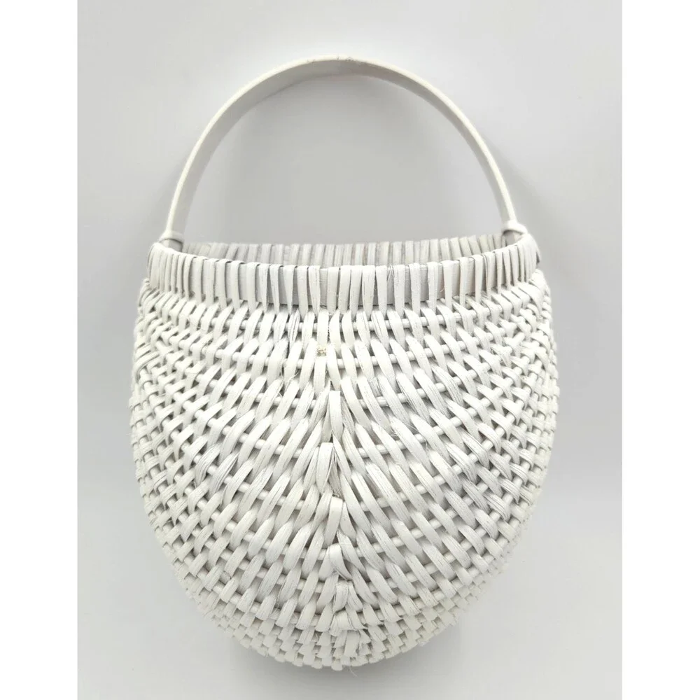 Lg Vintage White Wicker Woven Wall Basket 16
